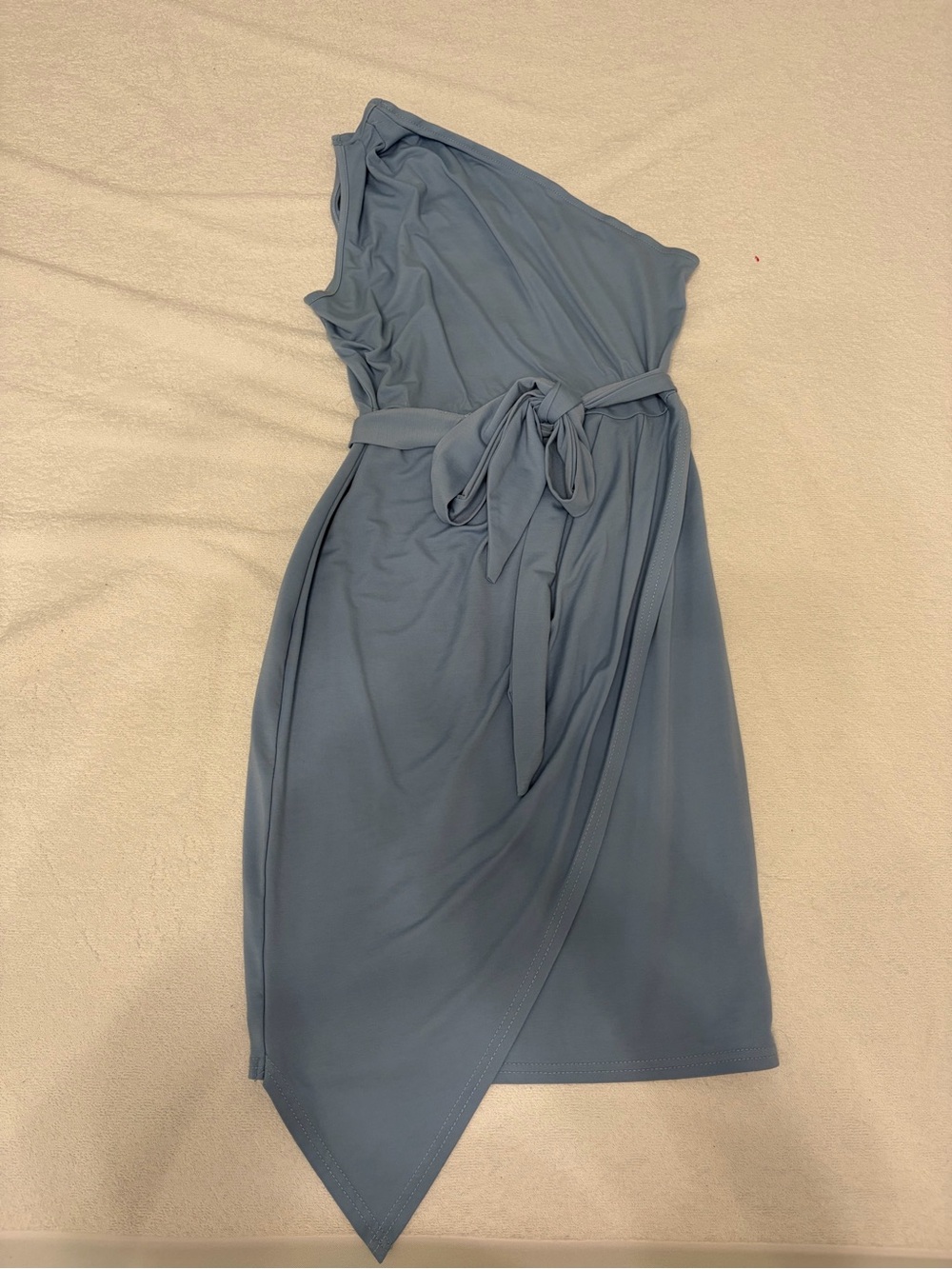 Sleeveless One-Shoulder Blue Wrap Dress with Tie Waist